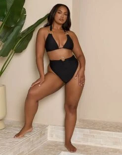 Moda Minx X Bernadette Afia Curve Bikini Bottom With Gold Hardware Detail In Black For Women